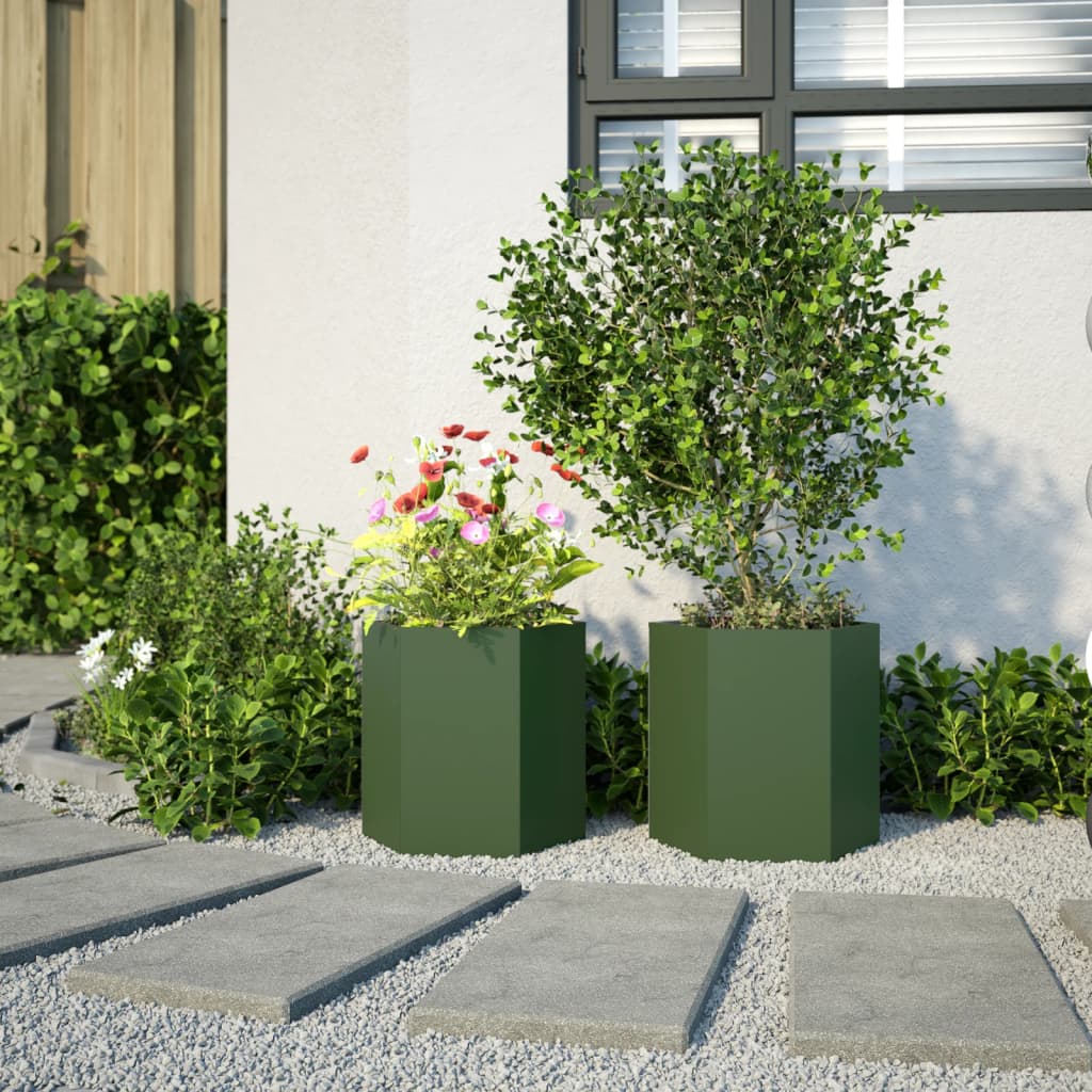 vidaXL Garden Planter 2 pcs Olive Green Hexagon 46x40x45 cm Steel 3