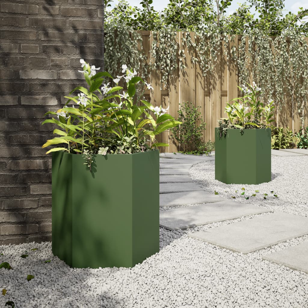 vidaXL Garden Planter 2 pcs Olive Green Hexagon 46x40x45 cm Steel 4