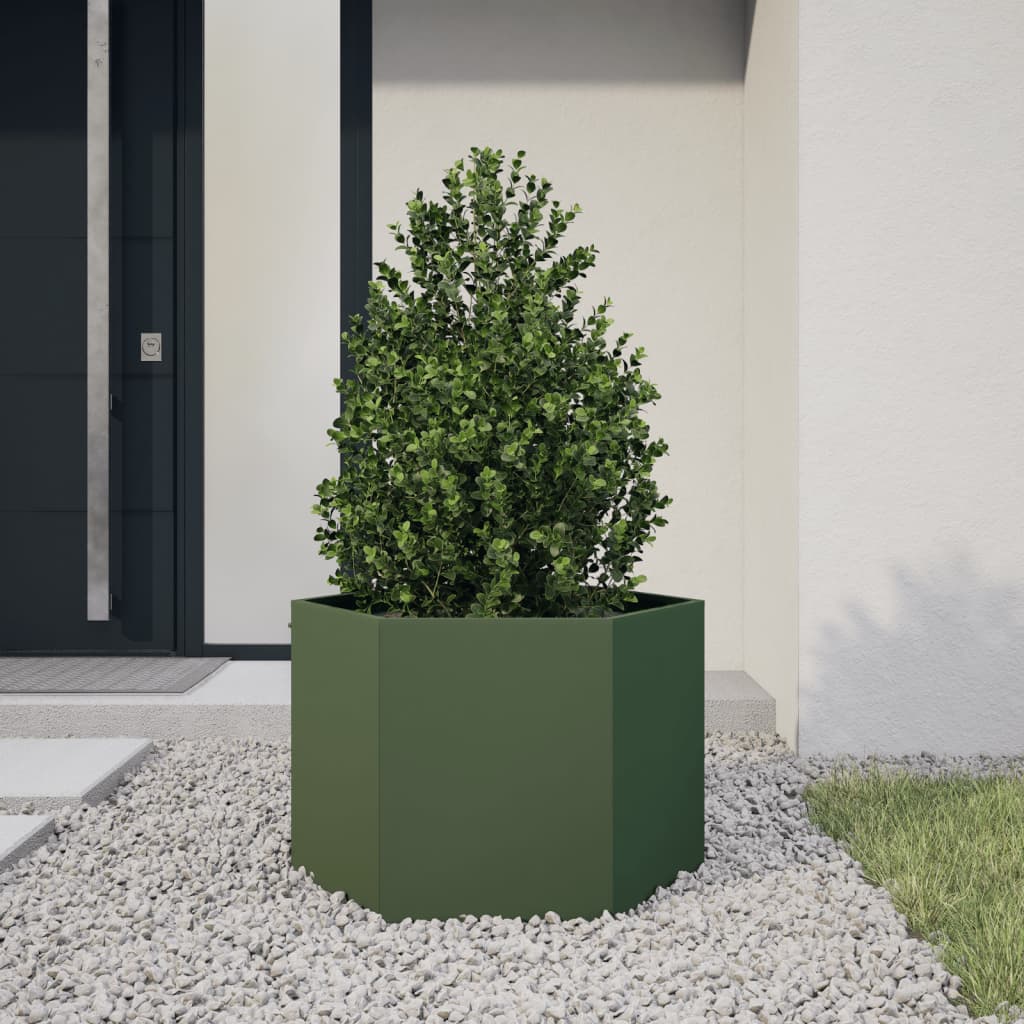 vidaXL Garden Planter Olive Green Hexagon 69x60x45 cm Steel 1