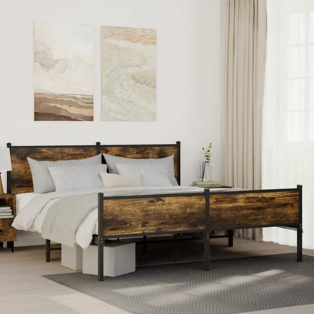 vidaXL Metal Bed Frame without Mattress Smoked Oak Length 200 cm with Headboard & High Footboard