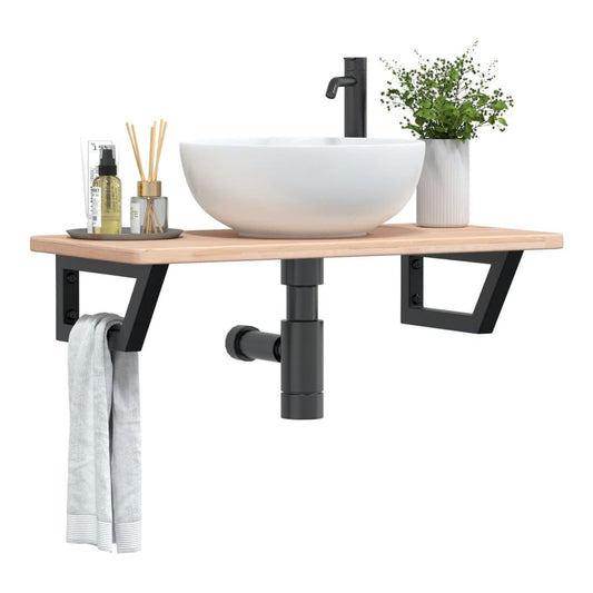 Basin Shelf Wall Mounted Steel and Solid Wood Oak Trapezium Height 2.5 cm Width 80 cm Brown and black