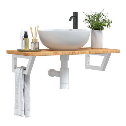 Basin Shelf Wall Mounted Steel and Solid Wood Oak Trapezium Height 2.5 cm Width 80 cm Light brown and white