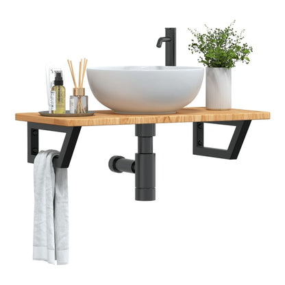 Basin Shelf Wall Mounted Steel and Solid Wood Oak Trapezium Height 2.5 cm Width 80 cm Light brown and black