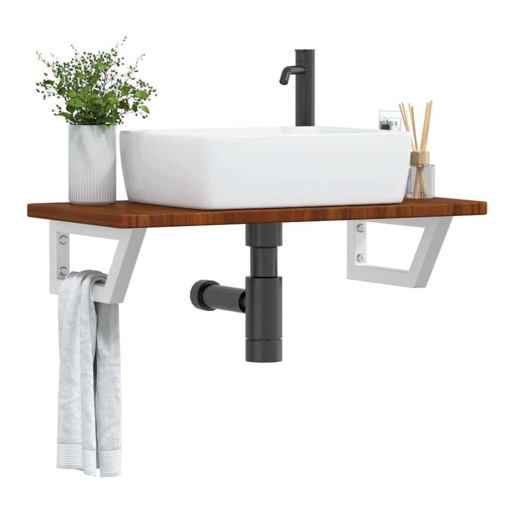 Basin Shelf Wall Mounted Steel and Solid Wood Oak Trapezium Height 2.5 cm Width 80 cm Dark brown and white