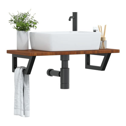 Basin Shelf Wall Mounted Steel and Solid Wood Oak Trapezium Height 2.5 cm Width 80 cm Dark brown and black