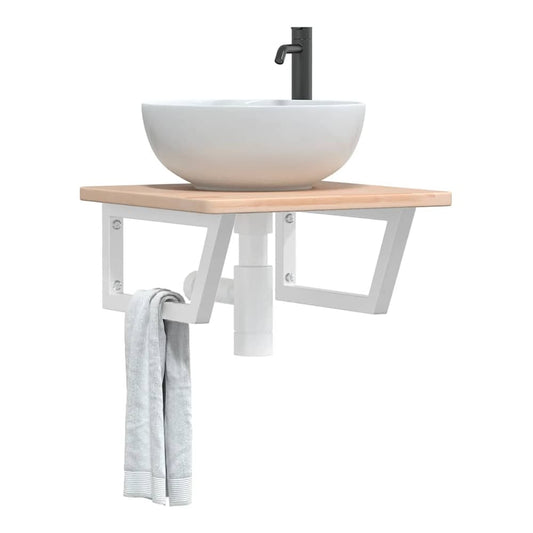 Basin Shelf Wall Mounted Steel and Solid Wood Oak Trapezium Width 50 cm Brown and white