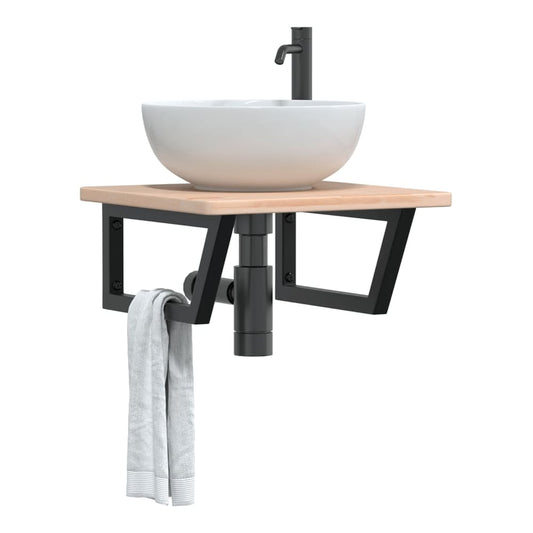 Basin Shelf Wall Mounted Steel and Solid Wood Oak Trapezium Width 50 cm Brown and black