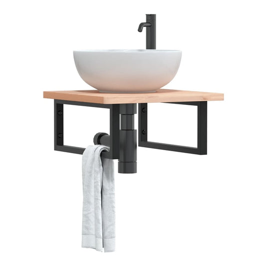 Basin Shelf Wall Mounted Steel and Solid Wood Beech Rectangular Width 50 cm Brown and black 2.5 cm