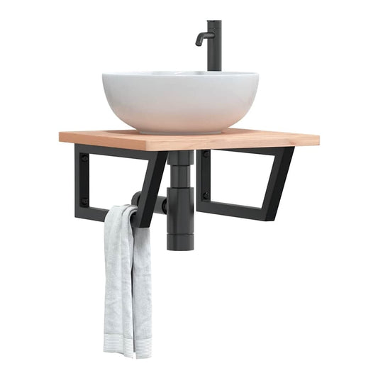 Basin Shelf Wall Mounted Steel and Solid Wood Beech Trapezium Width 50 cm Brown and black