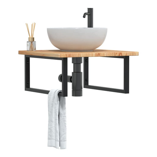 Basin Shelf Wall Mounted Steel and Solid Wood Oak Rectangular Width 60 cm Light brown and black