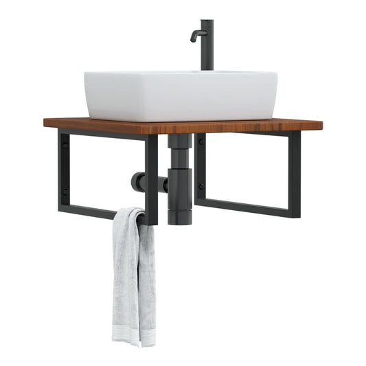Basin Shelf Wall Mounted Steel and Solid Wood Oak Rectangular Width 60 cm Dark brown and black