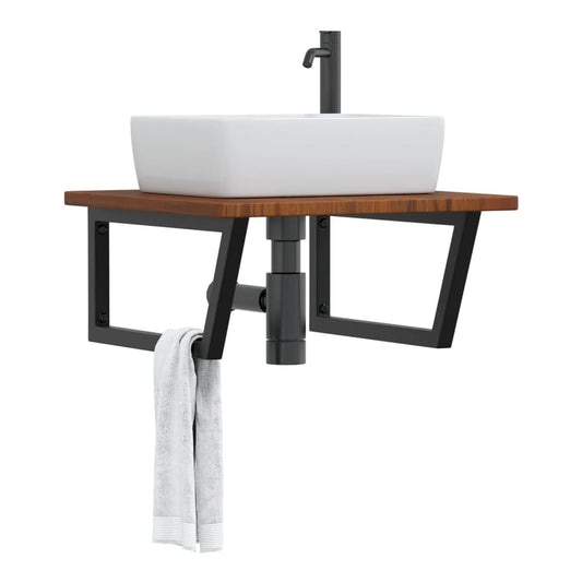 Basin Shelf Wall Mounted Steel and Solid Wood Oak Trapezium Width 60 cm Dark brown and black