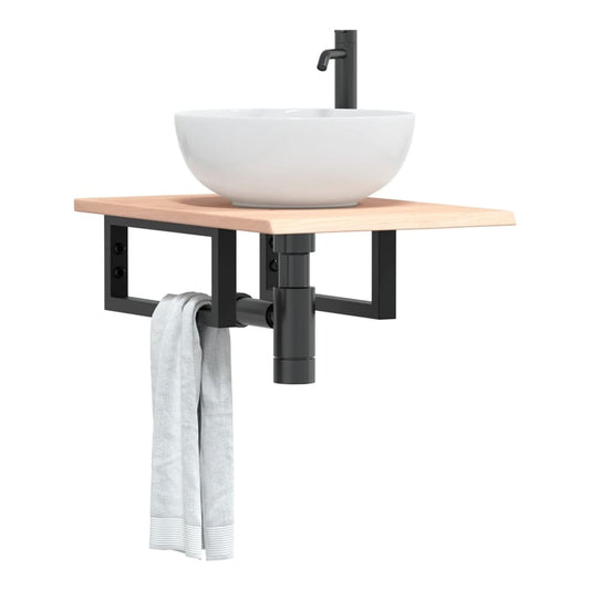 Basin Shelf Wall Mounted Steel and Solid Wood Oak Rectangular Depth 60 cm Brown and black