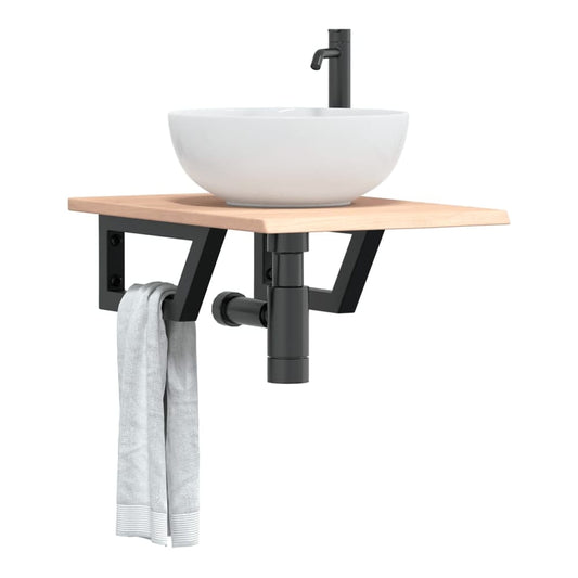 Basin Shelf Wall Mounted Steel and Solid Wood Oak Trapezium Depth 60 cm Brown and black