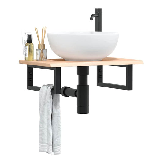 Basin Shelf Wall Mounted Steel and Solid Wood Oak Rectangular Depth 40 cm Brown and black