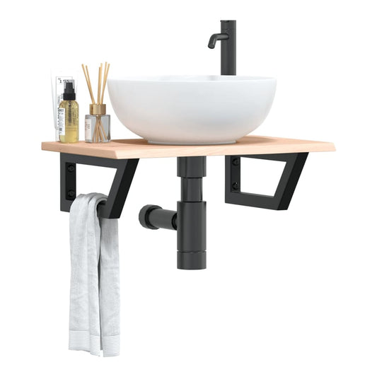 Basin Shelf Wall Mounted Steel and Solid Wood Oak Trapezium Depth 40 cm Brown and black