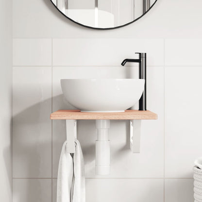 Basin Shelf Wall Mounted Steel and Solid Wood Oak Trapezium Depth 50 cm Width 40 cm Light brown and white