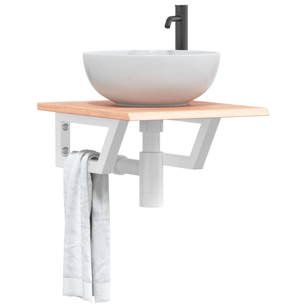 Basin Shelf Wall Mounted Steel and Solid Wood Oak Trapezium Depth 50 cm Width 40 cm Light brown and white