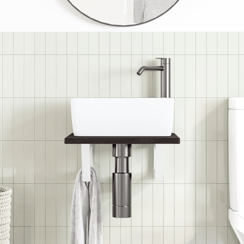 Basin Shelf Wall Mounted Steel and Solid Wood Oak Trapezium Depth 50 cm Width 40 cm Dark brown and white