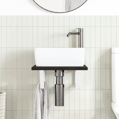 Basin Shelf Wall Mounted Steel and Solid Wood Oak Trapezium Depth 50 cm Width 40 cm Dark brown and white