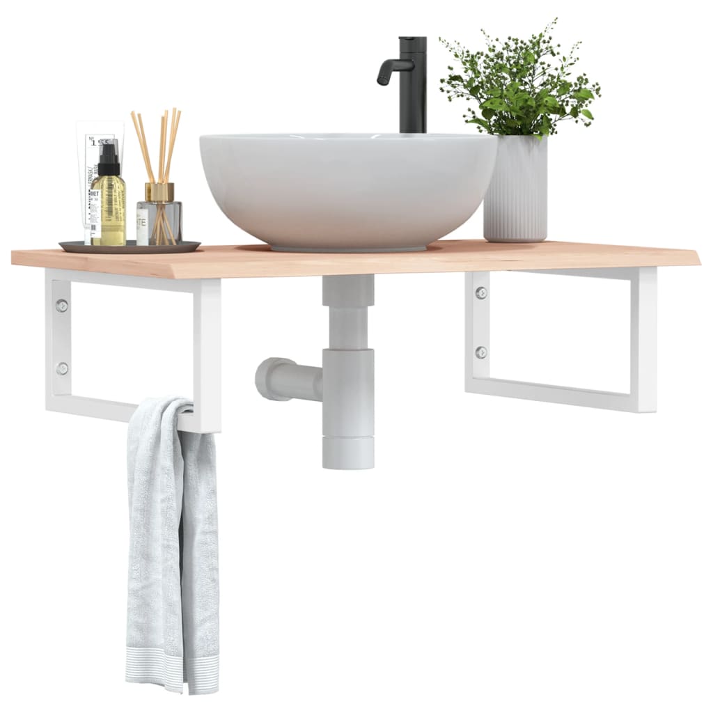 Basin Shelf Wall Mounted Steel and Solid Wood Oak Rectangular Depth 50 cm Width 80 cm Brown and white