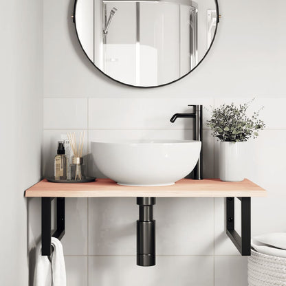 Basin Shelf Wall Mounted Steel and Solid Wood Oak Rectangular Depth 50 cm Width 80 cm Brown and black