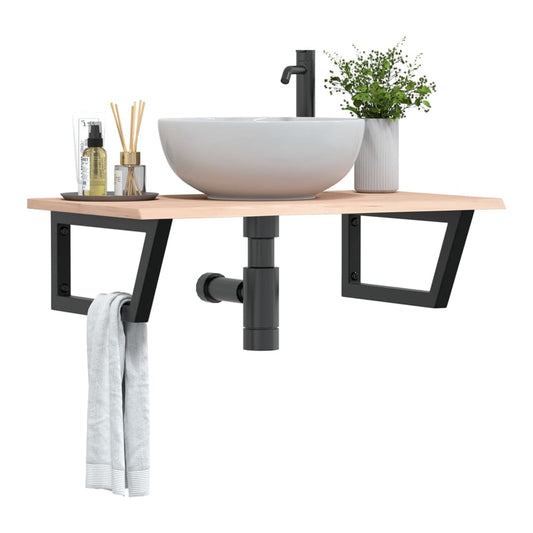 Basin Shelf Wall Mounted Steel and Solid Wood Oak Trapezium Depth 50 cm Width 80 cm Brown and black