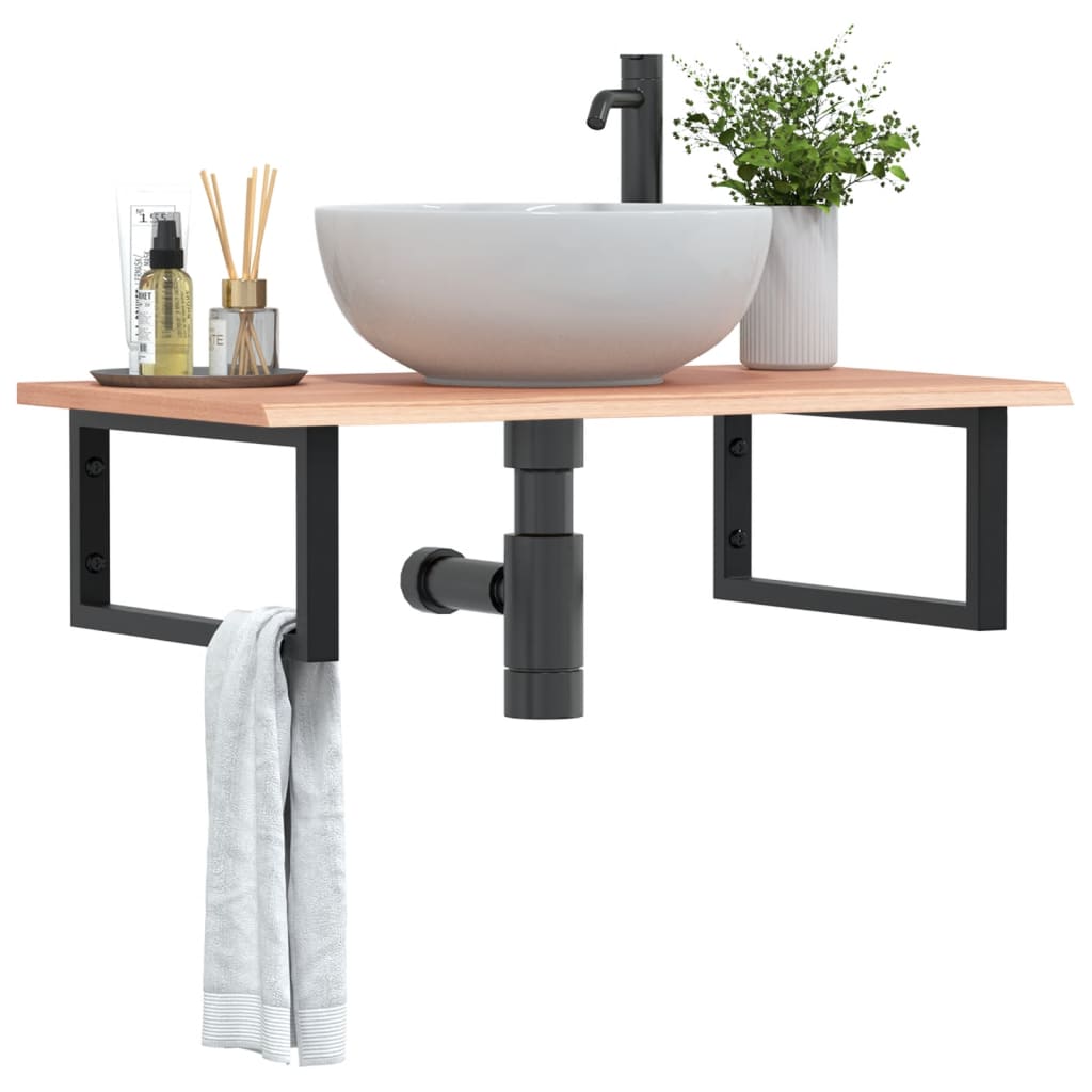 Basin Shelf Wall Mounted Steel and Solid Wood Oak Rectangular Depth 50 cm Width 80 cm Light brown and black
