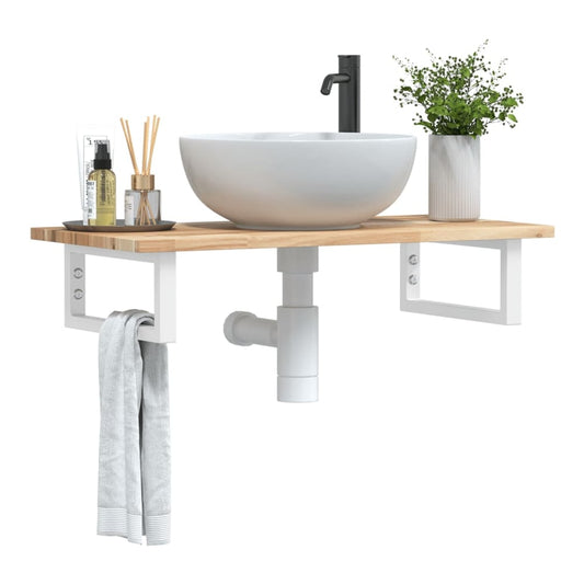 Basin Shelf Wall Mounted Steel and Solid Wood Acacia Rectangular Height 2 cm Brown and white 60 cm