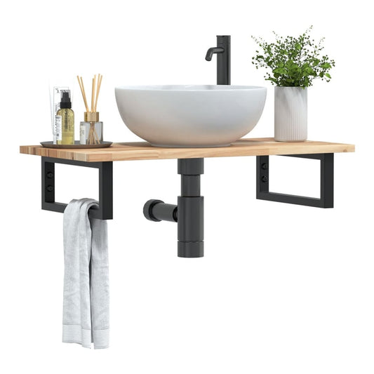 Basin Shelf Wall Mounted Steel Solid Wood Acacia Rectangular Height Brown black