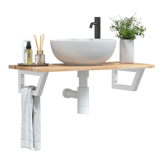 Basin Shelf Wall Mounted Steel Solid Wood Acacia Trapezium Height Brown white