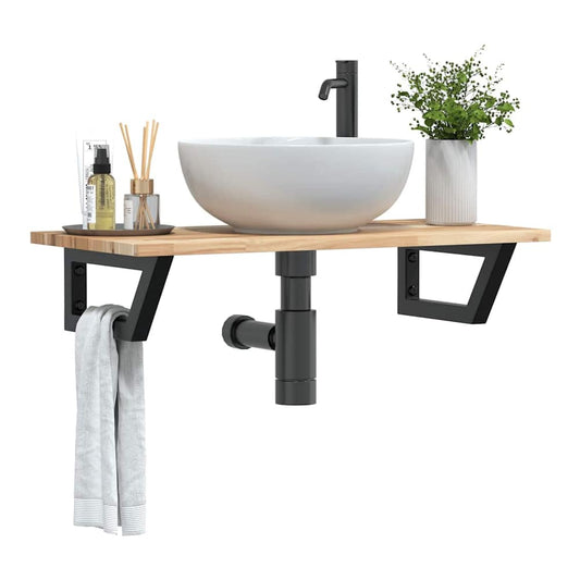 Basin Shelf Wall Mounted Steel and Solid Wood Acacia Trapezium Height 2 cm Brown and black 60 cm
