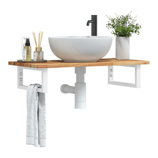 Basin Shelf Wall Mounted Steel and Solid Wood Acacia Rectangular Height 2 cm Dark brown and white 60 cm