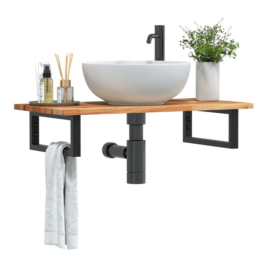 Basin Shelf Wall Mounted Steel and Solid Wood Acacia Rectangular Height 2 cm Dark brown and black 60 cm