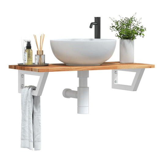 Basin Shelf Wall Mounted Steel Solid Wood Acacia Trapezium Height Dark brown white