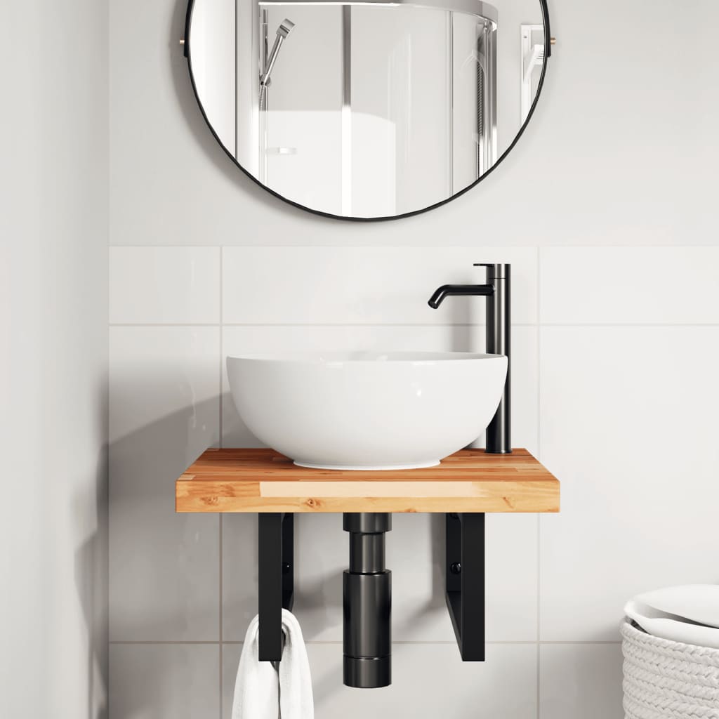 Basin Shelf Wall Mounted Steel and Solid Wood Acacia Rectangular Width 50 cm Dark brown and black 4 cm