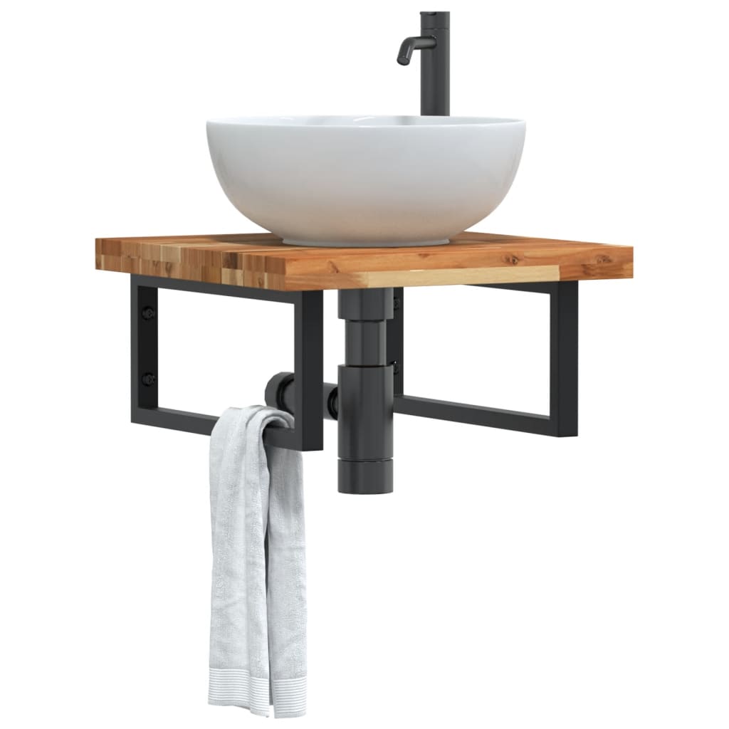 Basin Shelf Wall Mounted Steel and Solid Wood Acacia Rectangular Width 50 cm Dark brown and black 4 cm