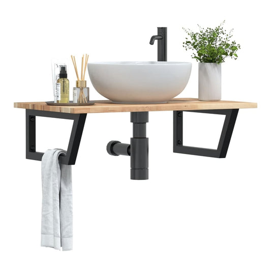 Basin Shelf Wall Mounted Steel and Solid Wood Acacia Trapezium Depth 50 cm Height 2 cm Brown and Black 60 cm