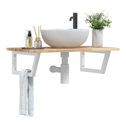 Basin Shelf Wall Mounted Steel and Solid Wood Acacia Trapezium Depth 50 cm Height 2 cm Brown and White 80 cm