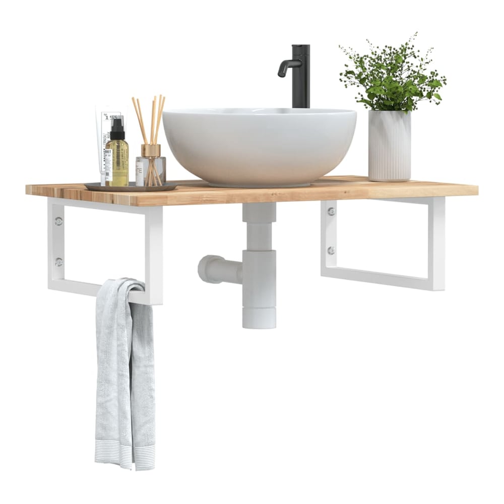 Basin Shelf Wall Mounted Steel and Solid Wood Acacia Rectangular Depth 50 cm Height 2 cm Brown and White 100 cm