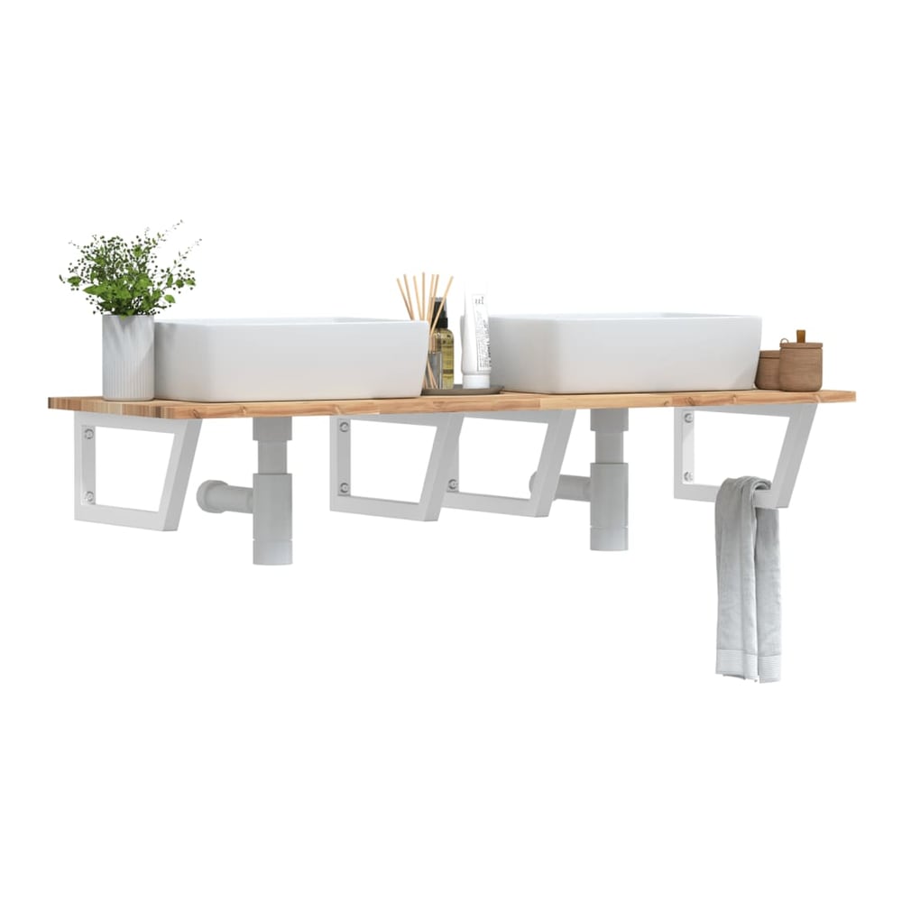 Basin Shelf Wall Mounted Steel and Solid Wood Acacia Trapezium Depth 50 cm Height 2 cm Brown and White 140 cm