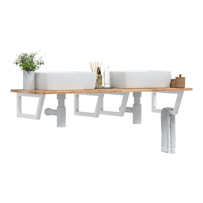 Basin Shelf Wall Mounted Steel and Solid Wood Acacia Trapezium Depth 50 cm Height 2 cm Brown and White 140 cm
