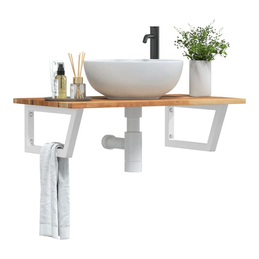 Basin Shelf Wall Mounted Steel Solid Wood Acacia Trapezium Depth Height Dark Brown White
