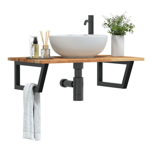 Basin Shelf Wall Mounted Steel Solid Wood Acacia Trapezium Depth Height Dark Brown Black