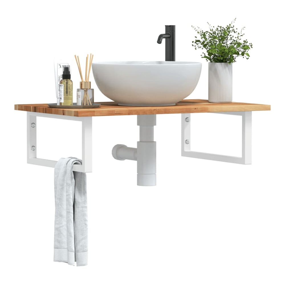 Basin Shelf Wall Mounted Steel and Solid Wood Acacia Rectangular Depth 50 cm Height 2 cm Dark Brown and White 100 cm