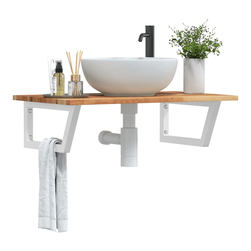 Basin Shelf Wall Mounted Steel and Solid Wood Acacia Trapezium Depth 50 cm Height 2 cm Dark Brown and White 100 cm