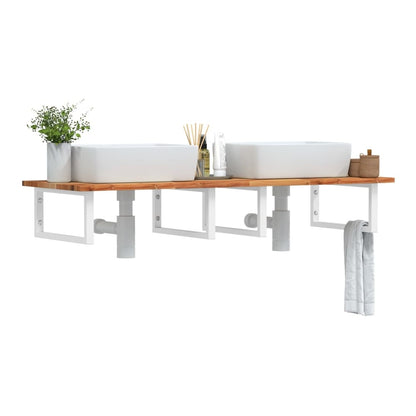 Basin Shelf Wall Mounted Steel and Solid Wood Acacia Rectangular Depth 50 cm Height 2 cm Dark Brown and White 120 cm