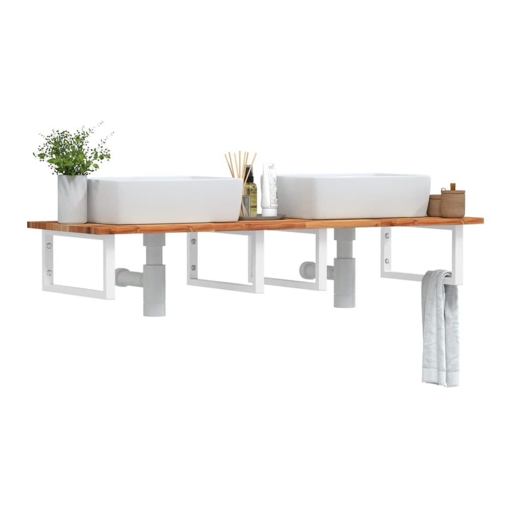 Basin Shelf Wall Mounted Steel and Solid Wood Acacia Rectangular Depth 50 cm Height 2 cm Dark Brown and White 140 cm
