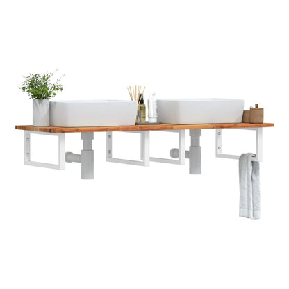 Basin Shelf Wall Mounted Steel and Solid Wood Acacia Rectangular Depth 50 cm Height 2 cm Dark Brown and White 140 cm