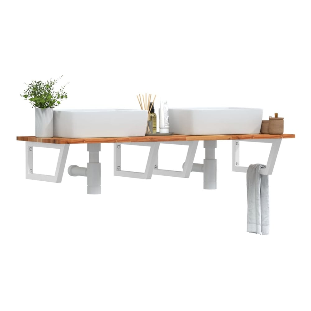 Basin Shelf Wall Mounted Steel Solid Wood Acacia Trapezium Depth Height Dark Brown White